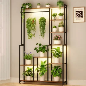 71 Inches Tall Square Flower Stand Display Rack, 8 Tiered Heavy - Duty Metal Large Plant Indoor With Grow For Garden, Balcony, Patio, Living Room, Walnut And Black , In