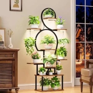 Indoor Metal Plant Stand With Grow , 9 Tiered 63" Tall, Chinese Modern Aesthetic For Balcony And Living Room, Brown Wood Tone, Horizontal - Type Shelving Arrangement Primary Space, Based