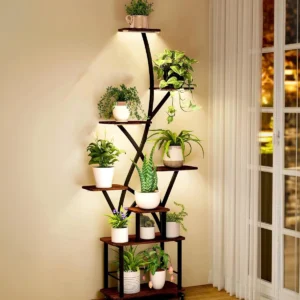 Indoor Plant Stand With Grow , 8 Tiered 64" Tall For Multiple Plants In Balcony And Living Room, Gracious Walnut + Black Metal Functional